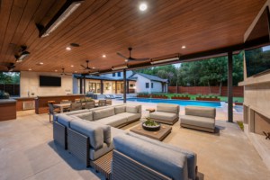 Covered patio with 3 different seating areas